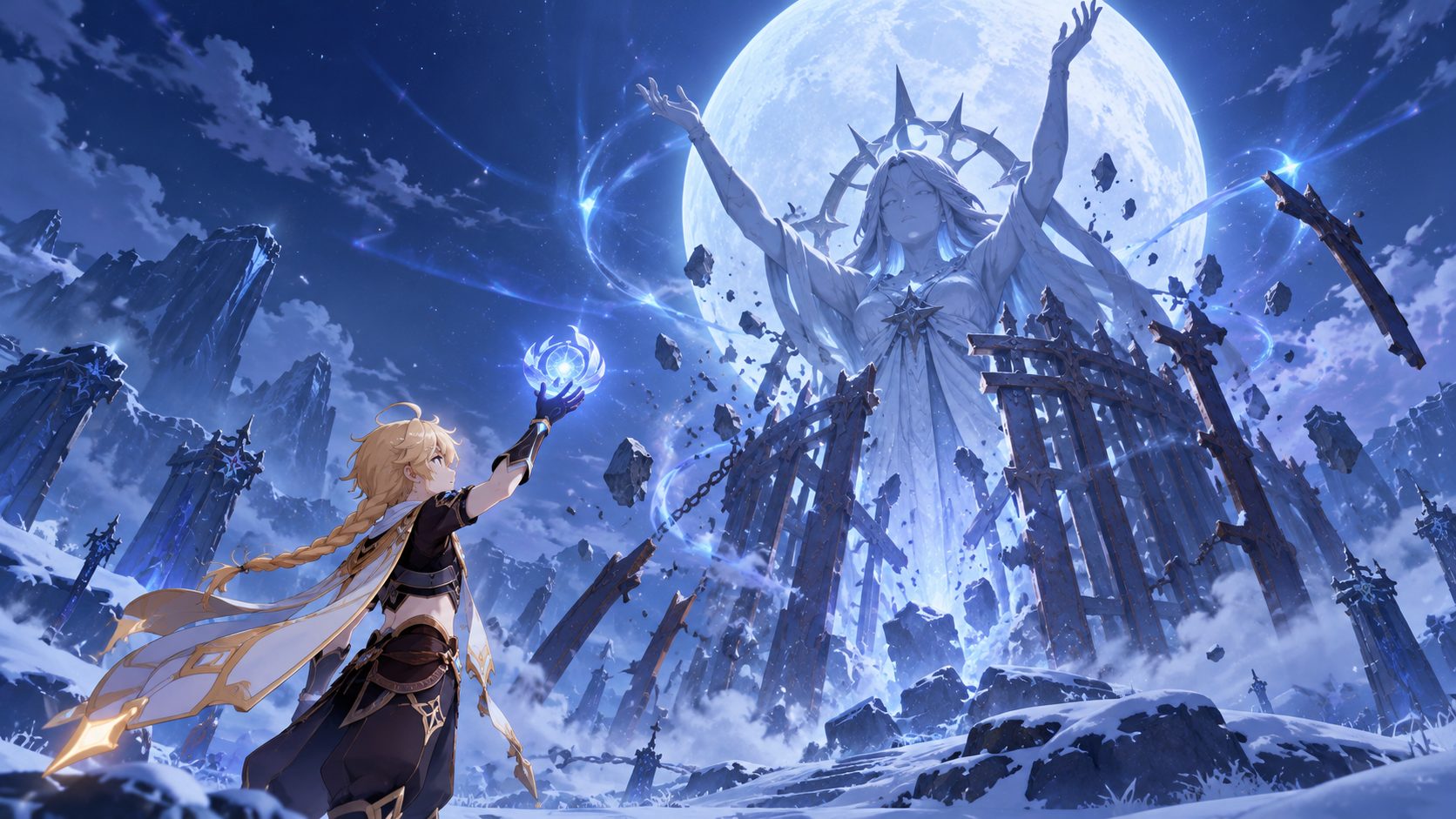 Estatua de la Luna Nueva rompiendo su jaula en Nod-Krai, Genshin Impact