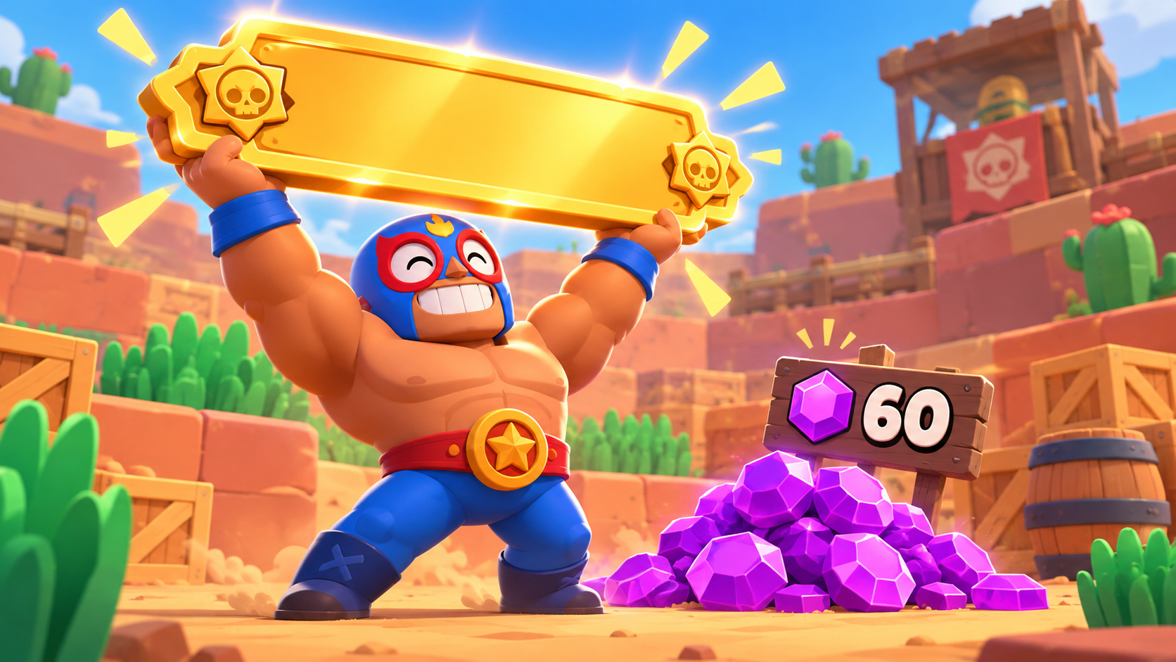 El Primo de Brawl Stars sostiene una placa de nombre dorada junto a un montón de gemas
