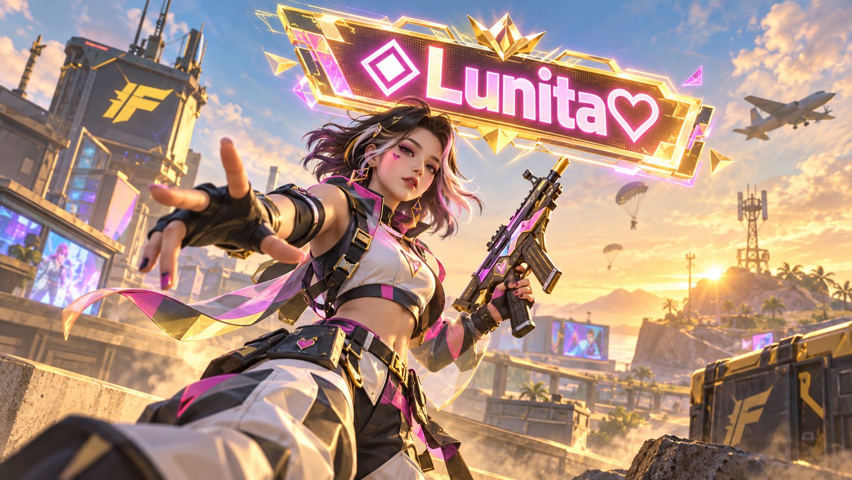 Jugadora de Free Fire con su nick decorado brillando sobre la cabeza