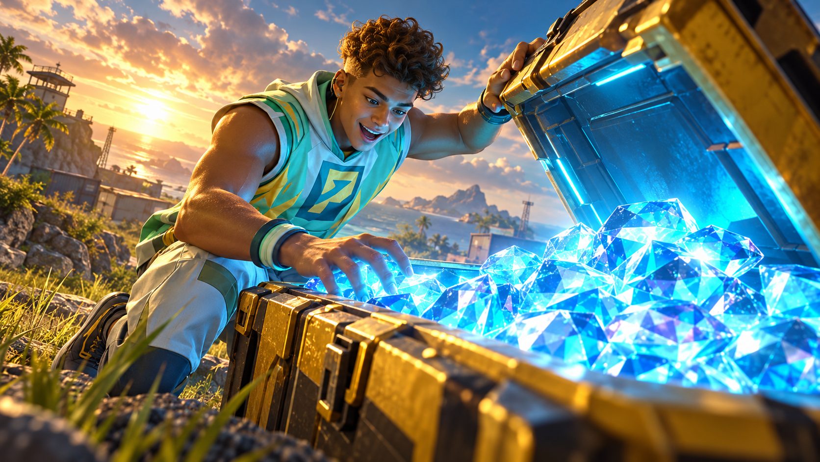 Jugador de Free Fire junto a una caja llena de diamantes