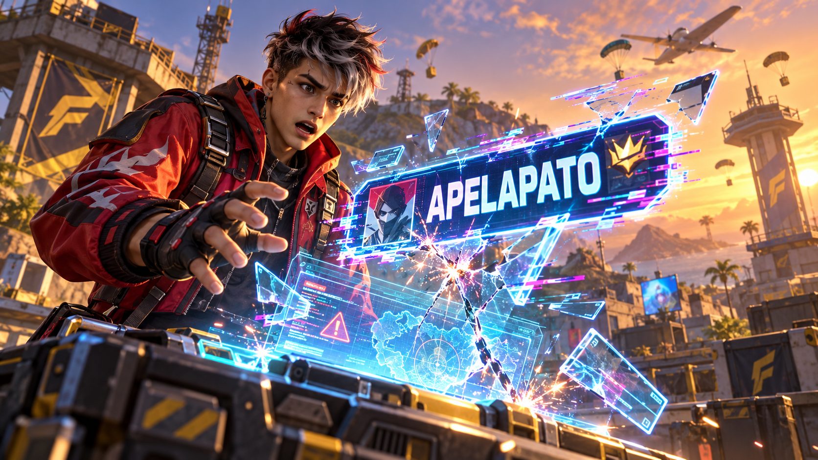 Superviviente de Free Fire frente a un panel de trampas holográfico que se rompe