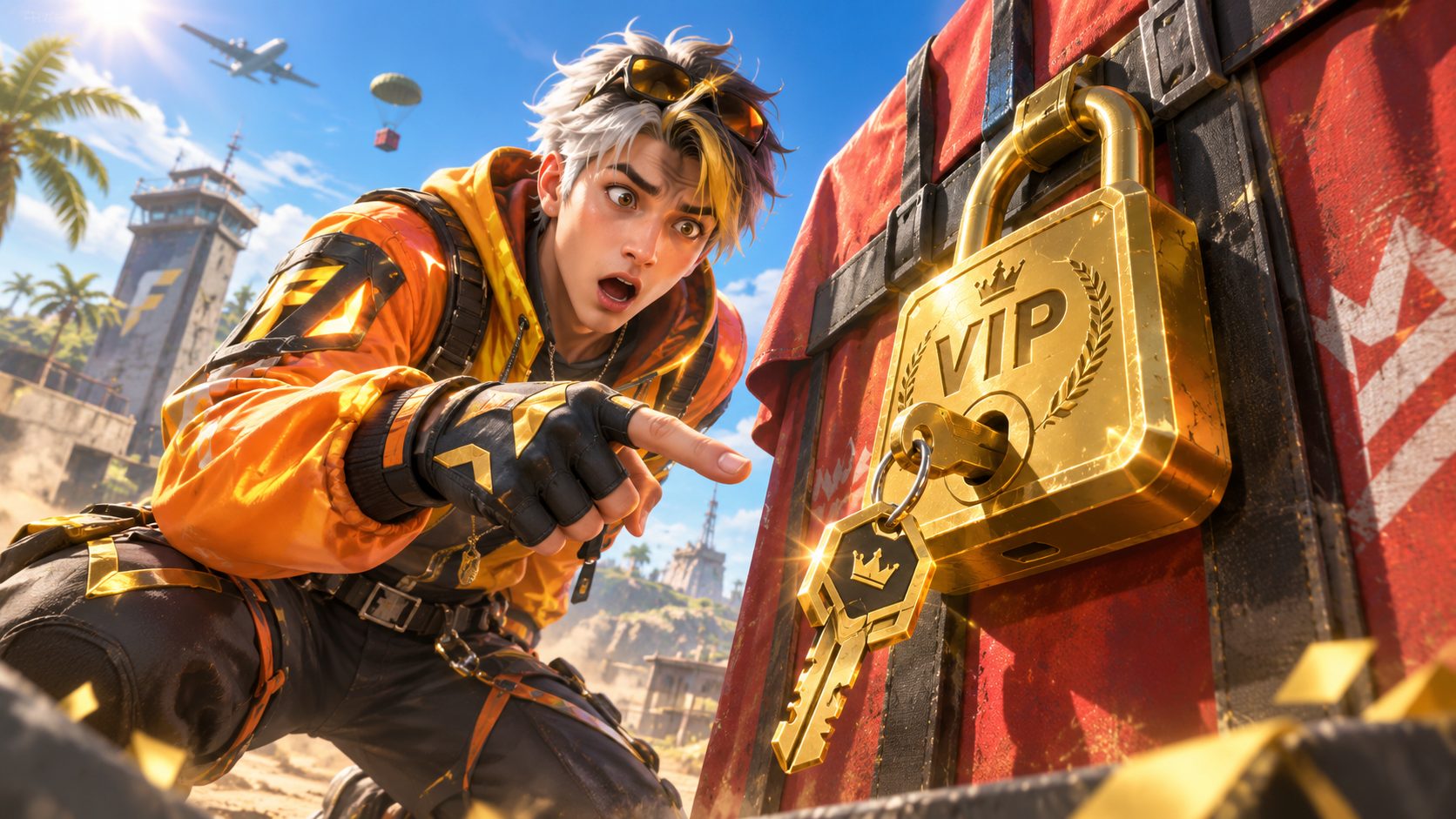Superviviente de Free Fire señalando un candado dorado VIP con la llave puesta