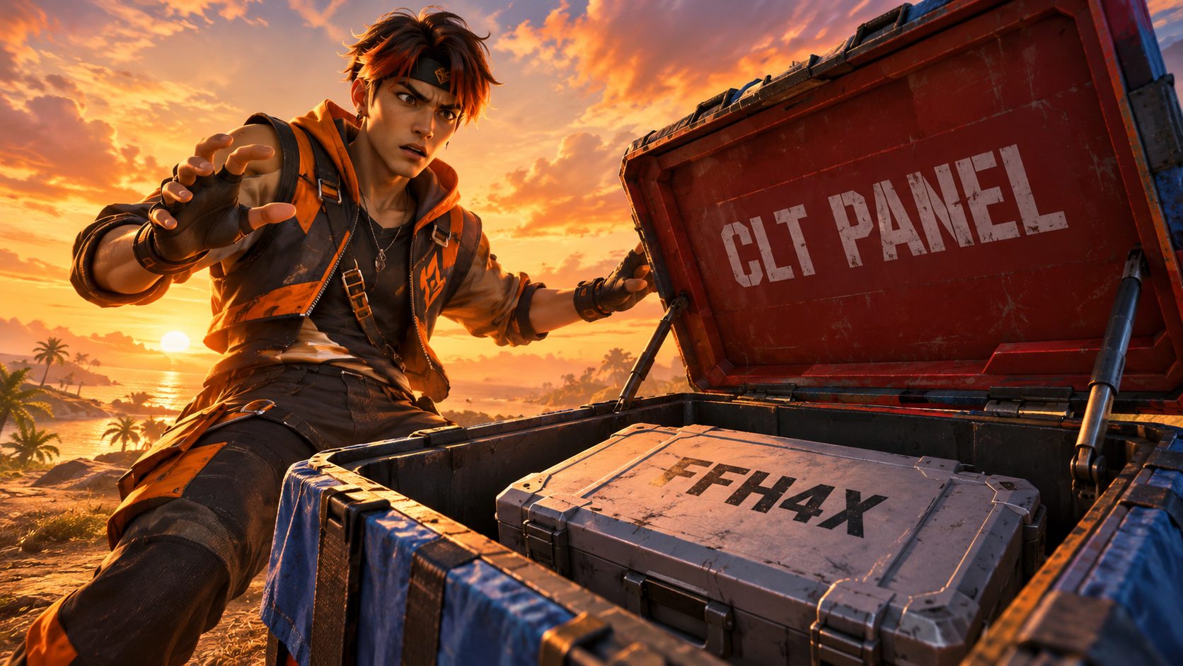 Un superviviente de Free Fire abre una caja de suministros marcada CLT PANEL y dentro encuentra un maletín marcado FFH4X