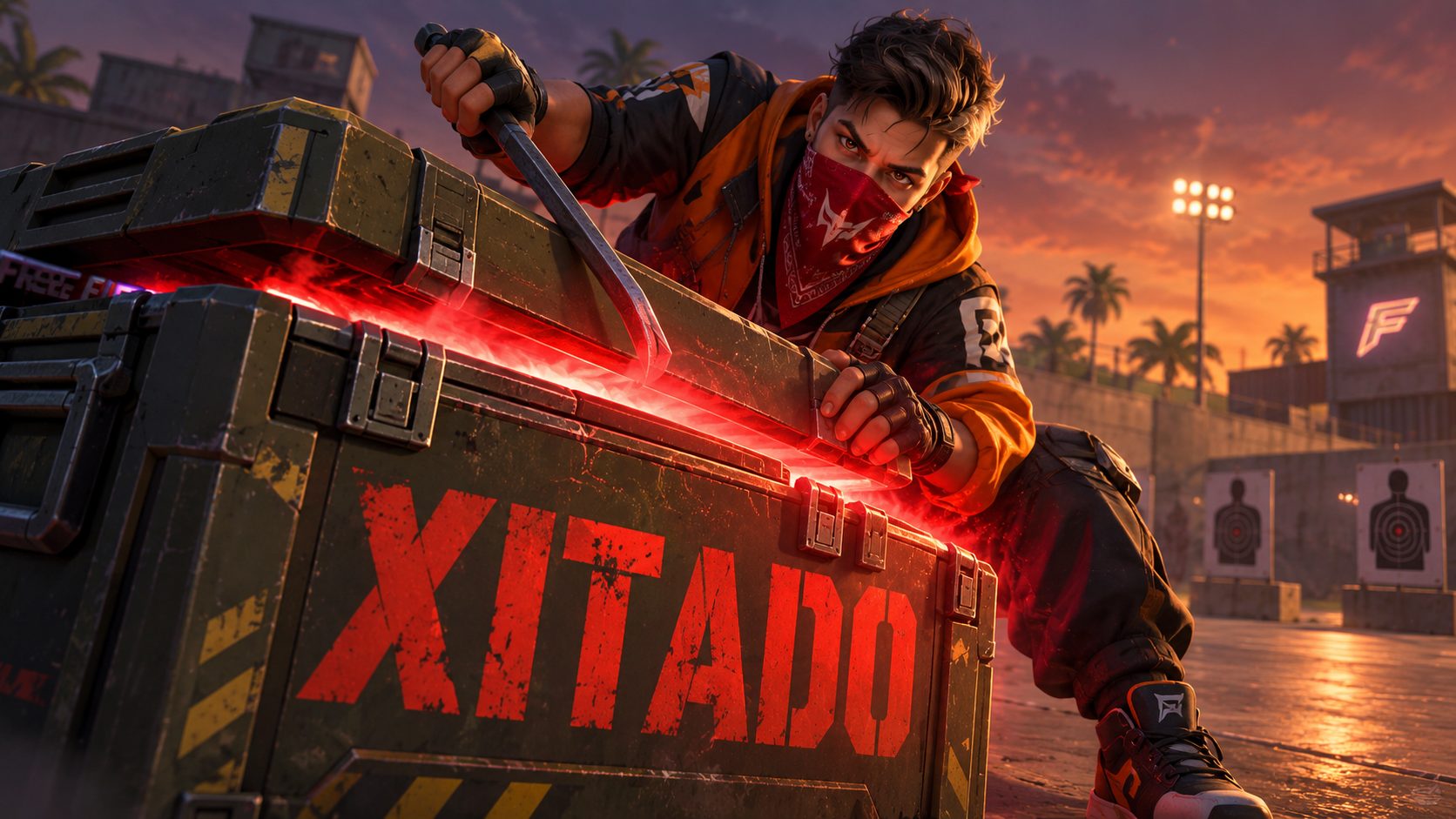 Un superviviente de Free Fire abre una caja de suministros con la palabra XITADO pintada en rojo