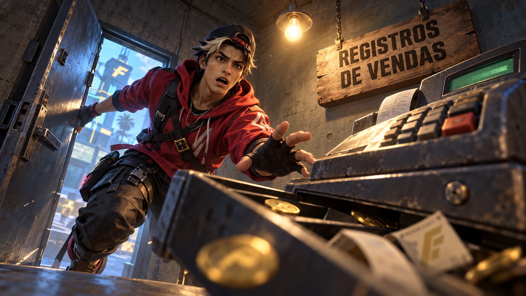 Superviviente de Free Fire entrando en una sala con caja registradora y cartel de registros de vendas