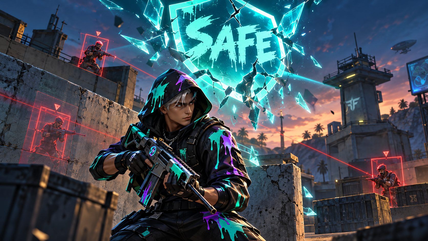 Personaje de Free Fire con marcas rojas sobre los enemigos y un escudo de seguridad que se rompe sobre él