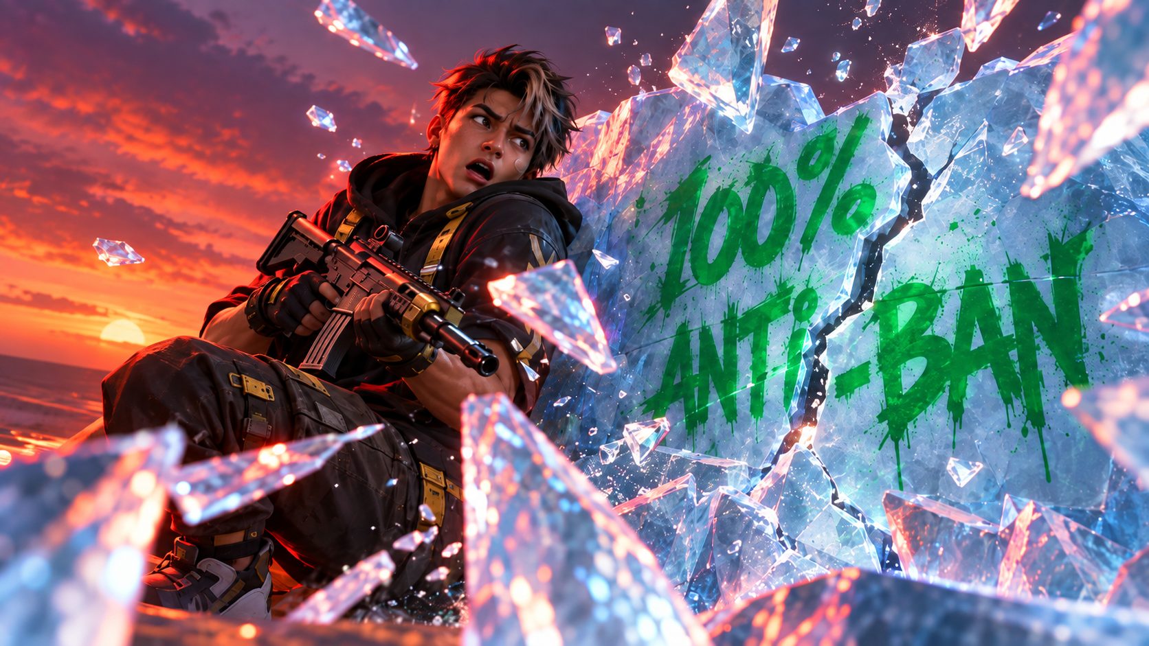 Superviviente de Free Fire tras un muro gloo con la frase 100% ANTI-BAN que se rompe en pedazos