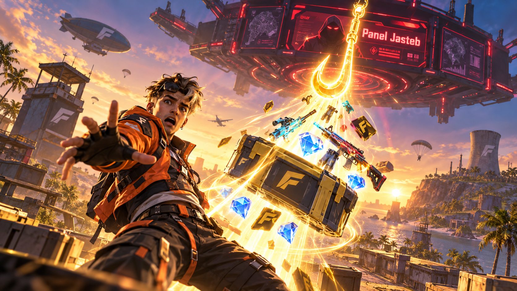 Superviviente de Free Fire viendo cómo un gancho gigante se lleva su botín y sus diamantes