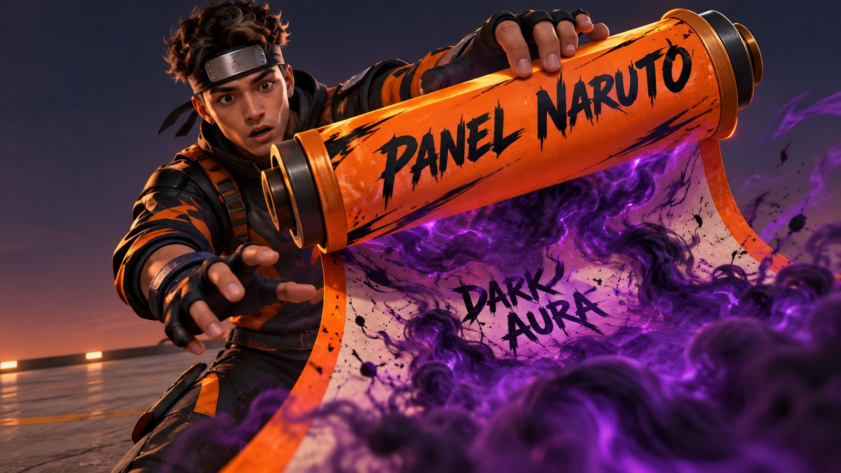 Superviviente de Free Fire desenrolla un pergamino naranja con el rótulo Panel Naruto del que sale humo morado y dentro pone Dark Aura