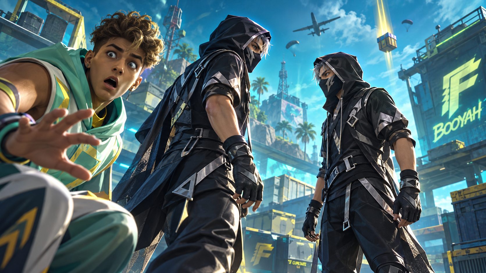 Dos personajes iguales vestidos de negro en un mapa de Free Fire y un jugador sorprendido