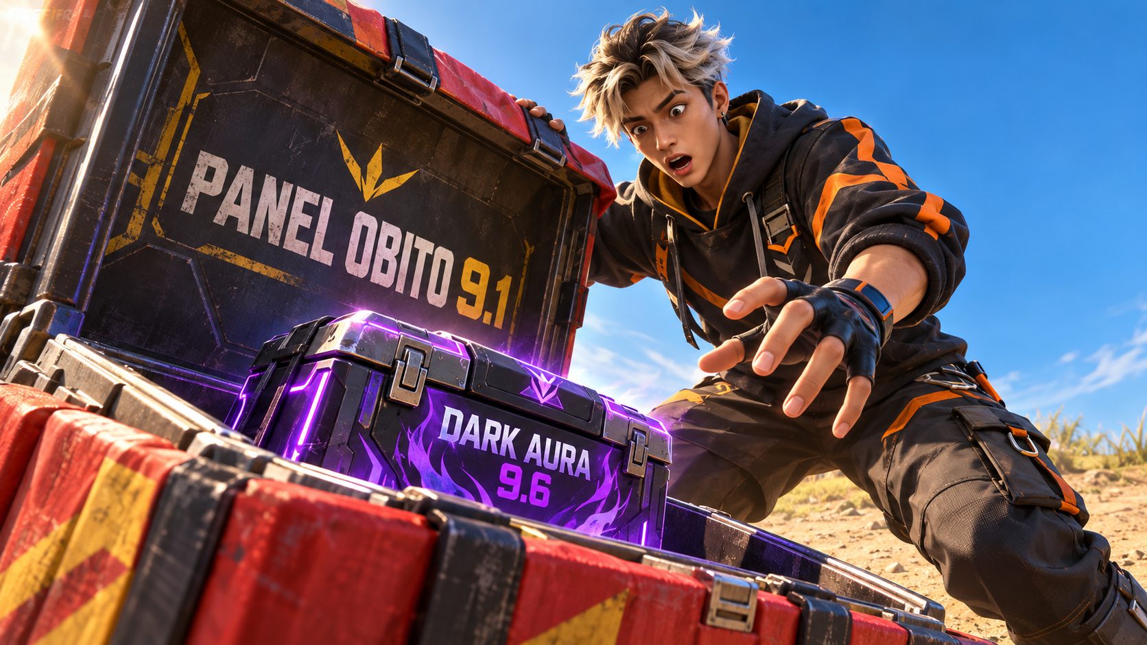 Superviviente de Free Fire abre una caja con el rótulo Panel Obito 9.1 y dentro encuentra otra caja con el rótulo Dark Aura 9.6