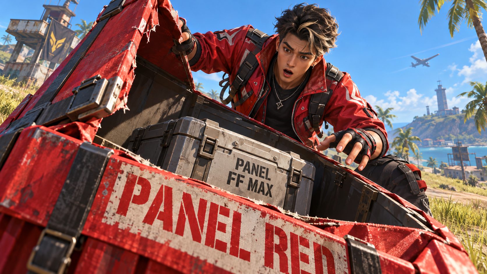 Superviviente de Free Fire abre una caja de suministros con el rótulo Panel Red y dentro encuentra otra caja con el rótulo Panel FF Max