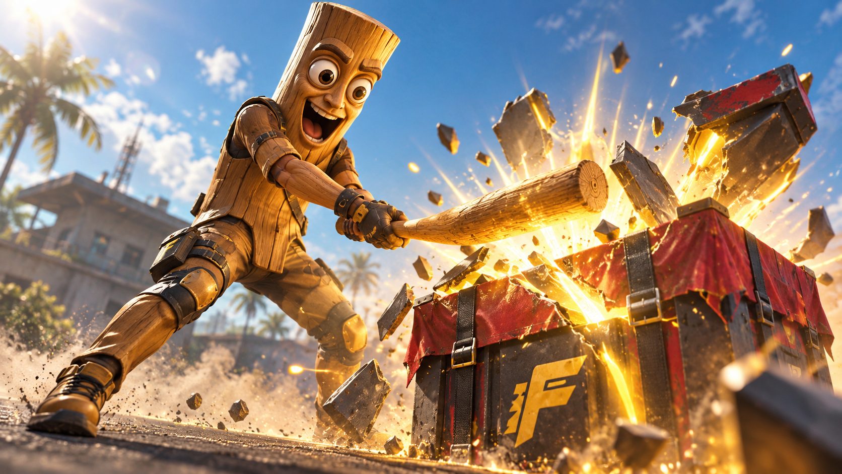 Superviviente de Free Fire con el traje de Tung Tung Tung Sahur golpeando una caja de suministros con su bate