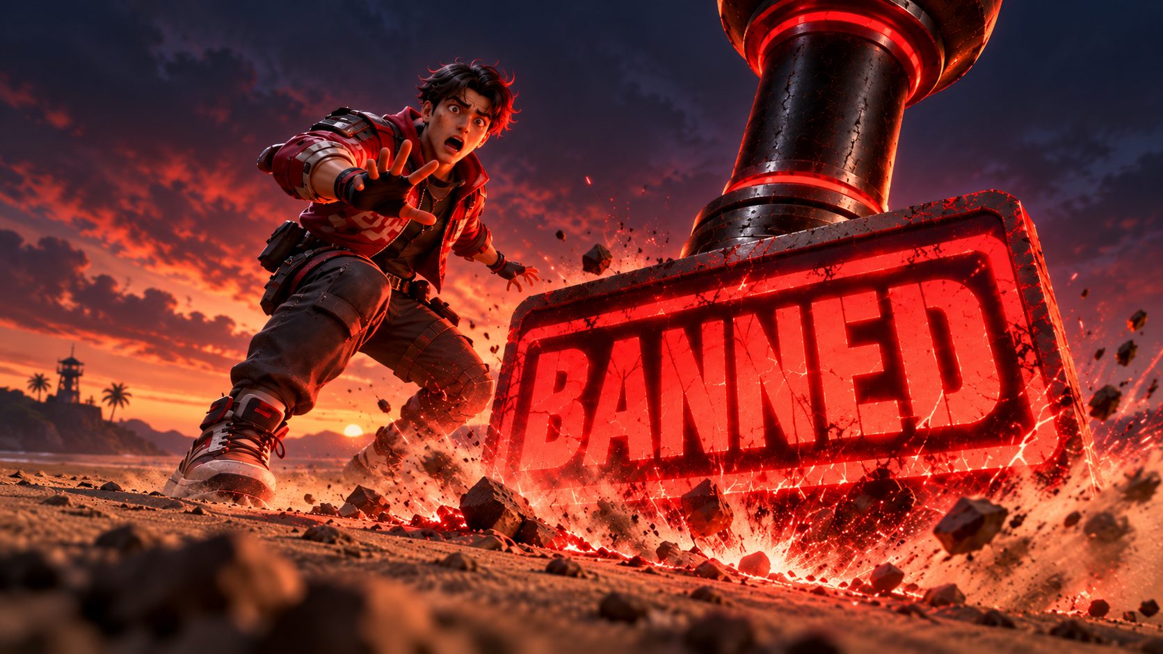 Superviviente de Free Fire ante un sello rojo de baneo en el mapa Bermuda