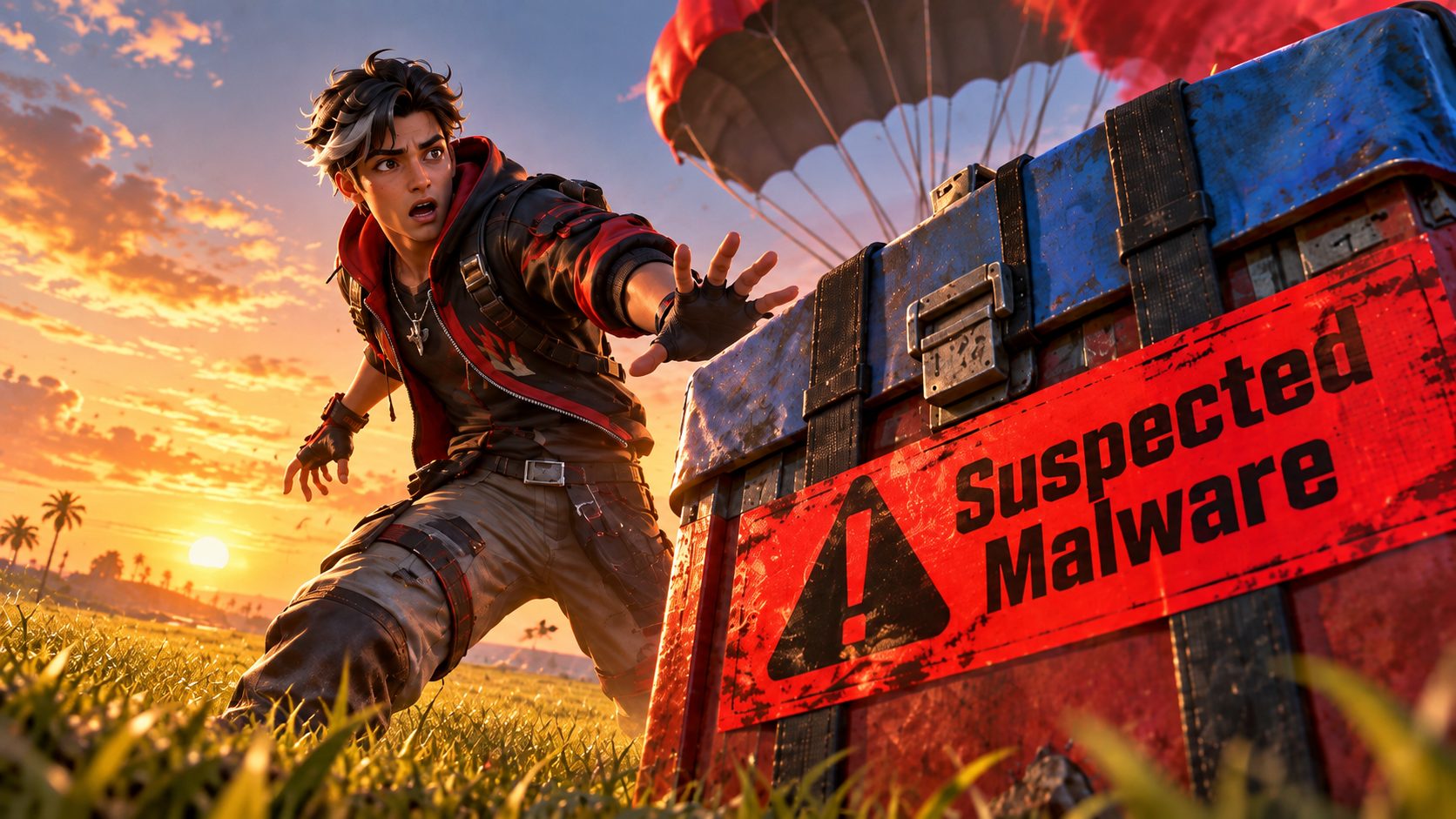 Superviviente de Free Fire aparta la mano de una caja de suministros con una etiqueta roja de Suspected Malware