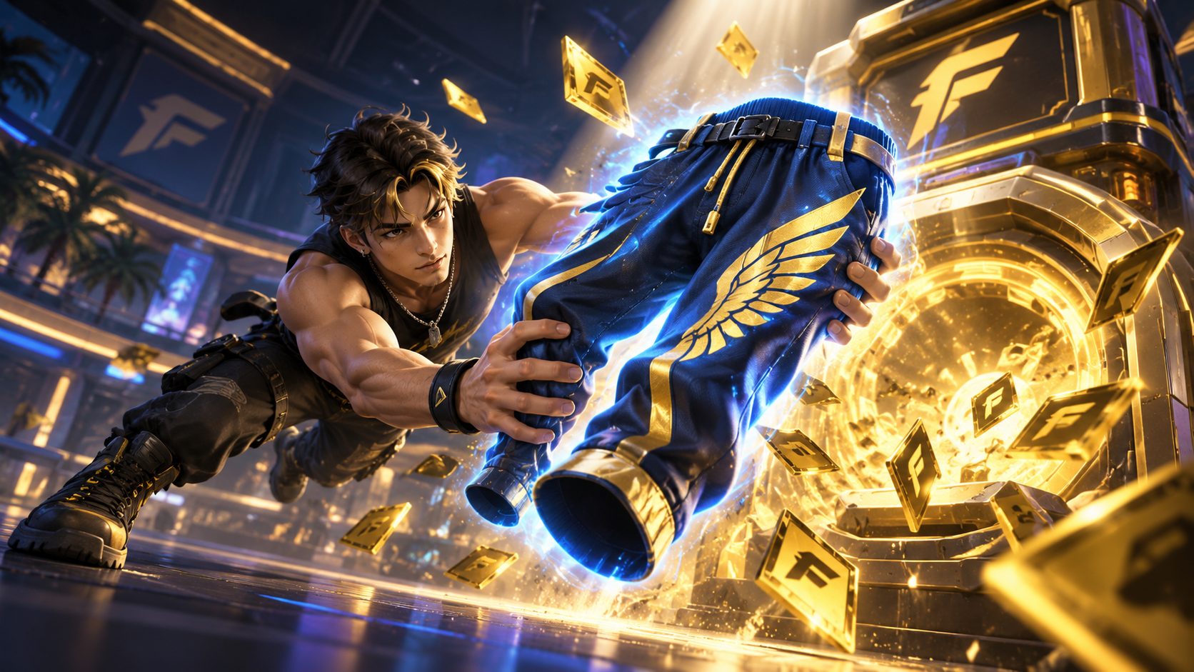 Un superviviente de Free Fire atrapa unos pantalones angelicales azules que salen de la máquina dorada de un evento del juego