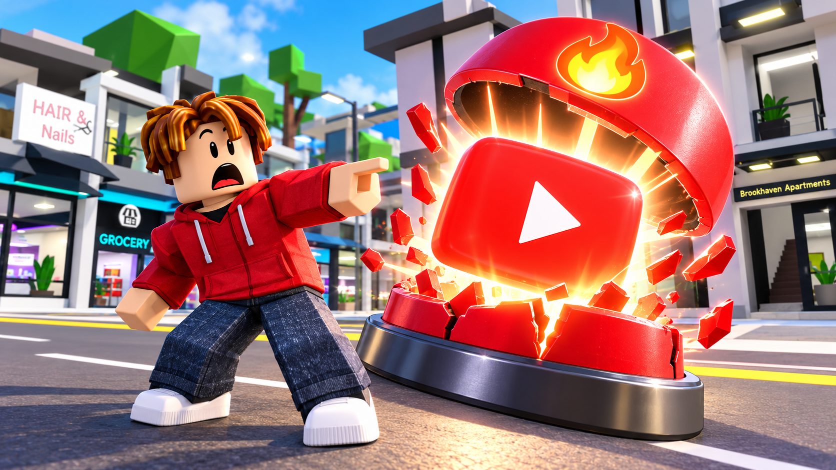 Avatar de Roblox sorprendido ante un botón rojo gigante del que sale un icono de vídeo