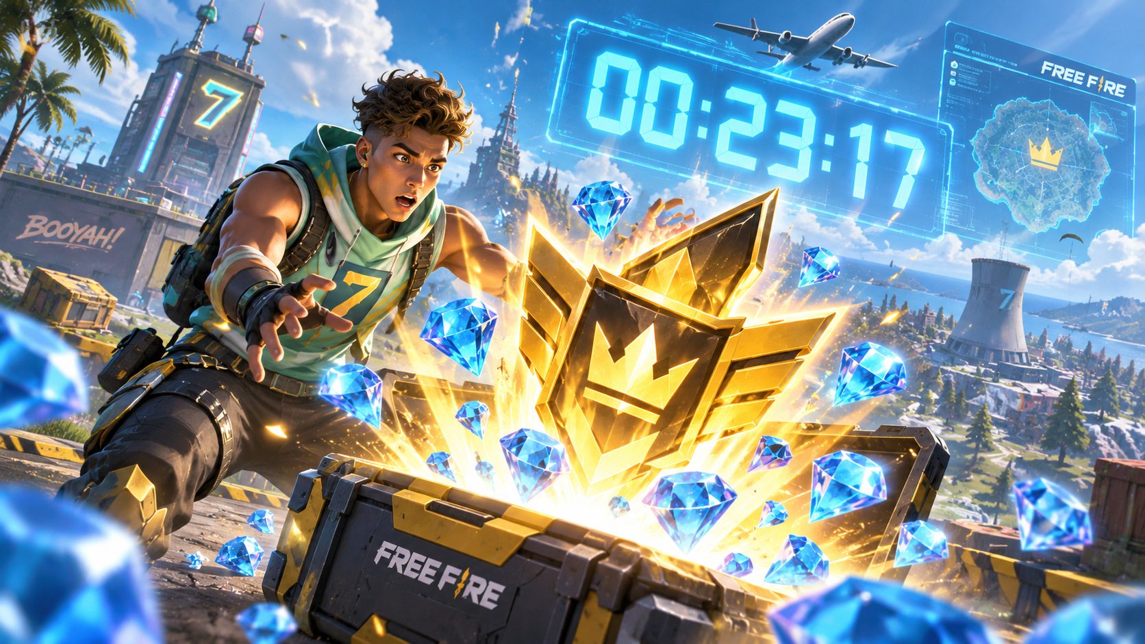 Jugador de Free Fire sorprendido ante un pase élite dorado que sale de una caja y un reloj gigante de cuenta atrás