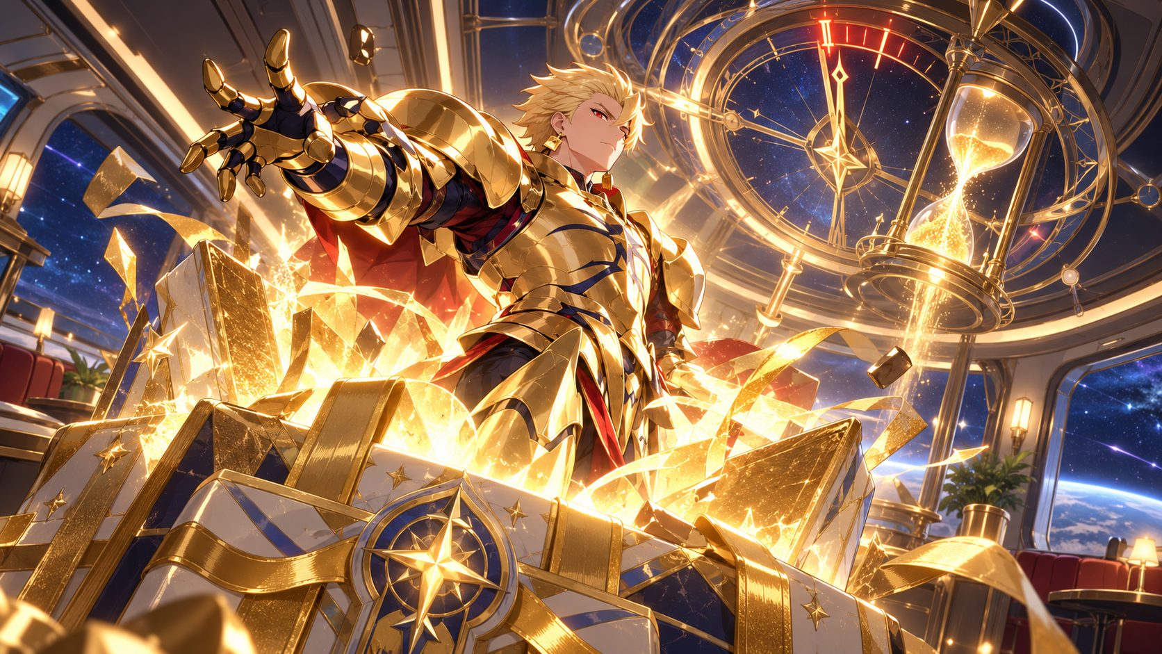 Gilgamesh sale de una caja de regalo gigante en el Expreso Astral de Honkai: Star Rail