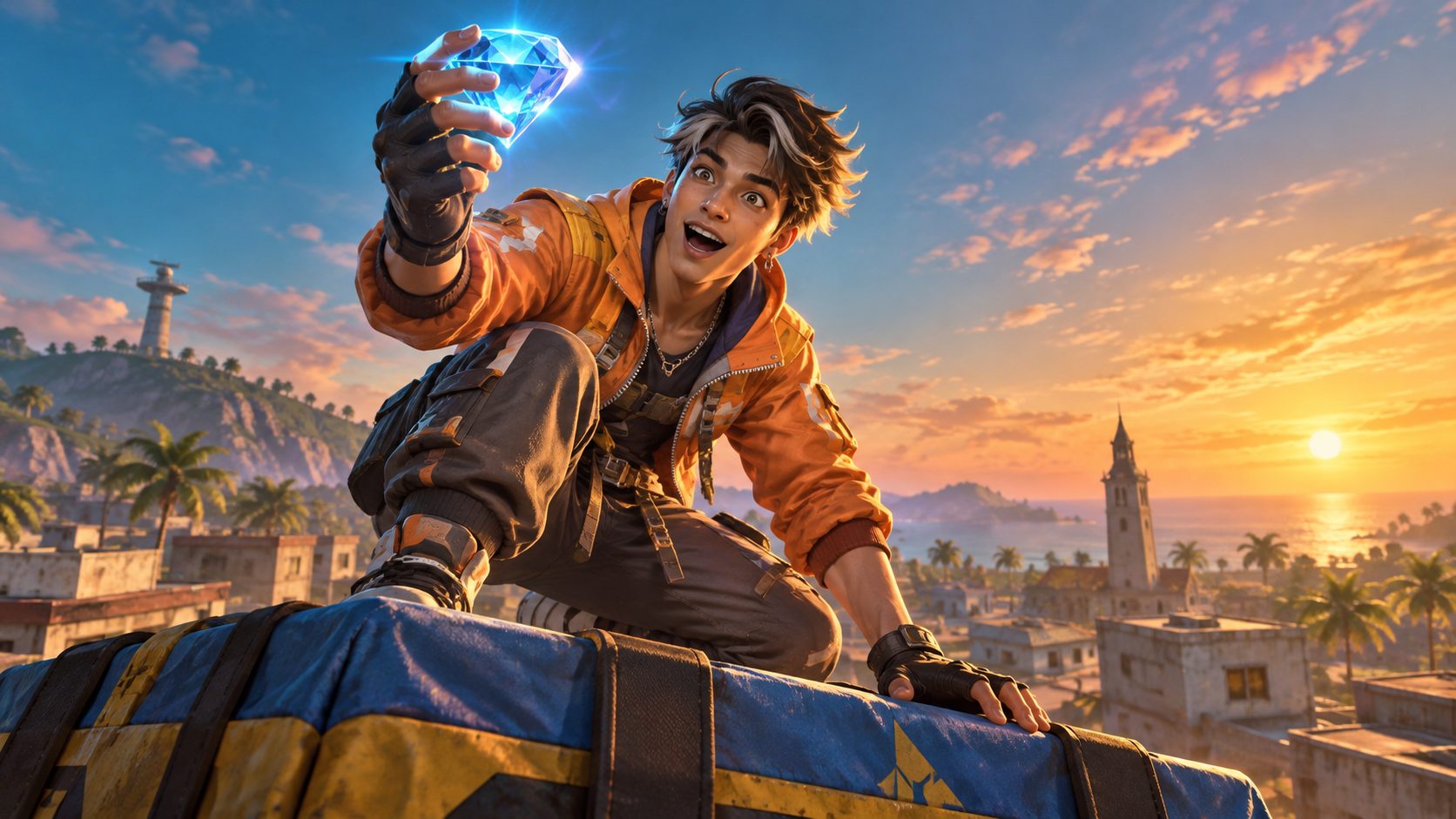 Superviviente de Free Fire sostiene un diamante azul sobre una caja de suministros