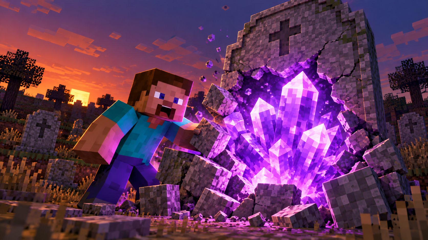 Personaje de Minecraft rompe una lápida de piedra de la que sale un gran cristal de amatista