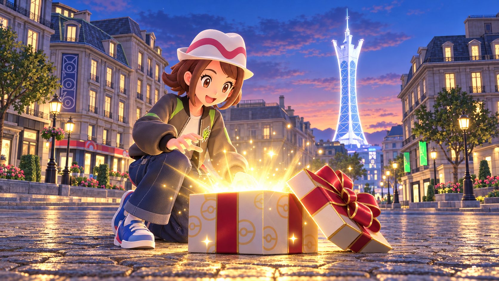Entrenador en Ciudad Luminalia de Pokémon Legends Z-A junto a un montón de 100 Ultra Balls que salen de una caja de regalo