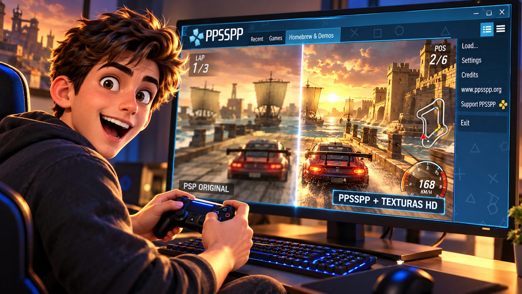 Jugador frente a un monitor con PPSSPP mostrando un juego de PSP antes y después de instalar texturas HD