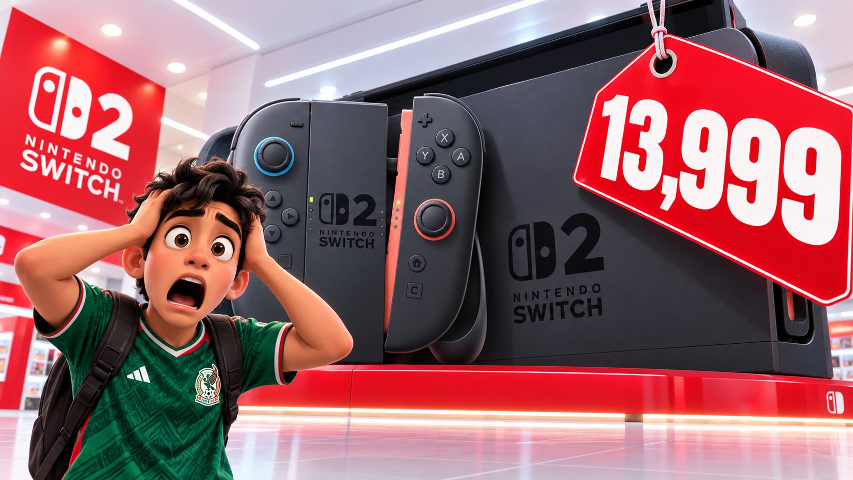 Jugador sorprendido ante una Nintendo Switch 2 gigante con etiqueta de 13,999 pesos