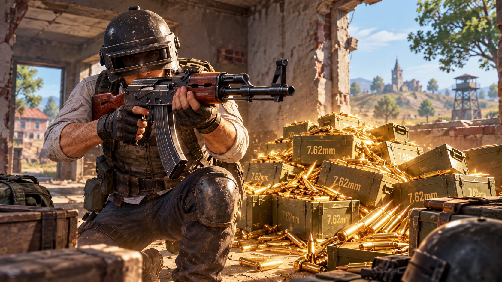 Soldado de PUBG Mobile con un AKM junto a un montón de munición de 7.62