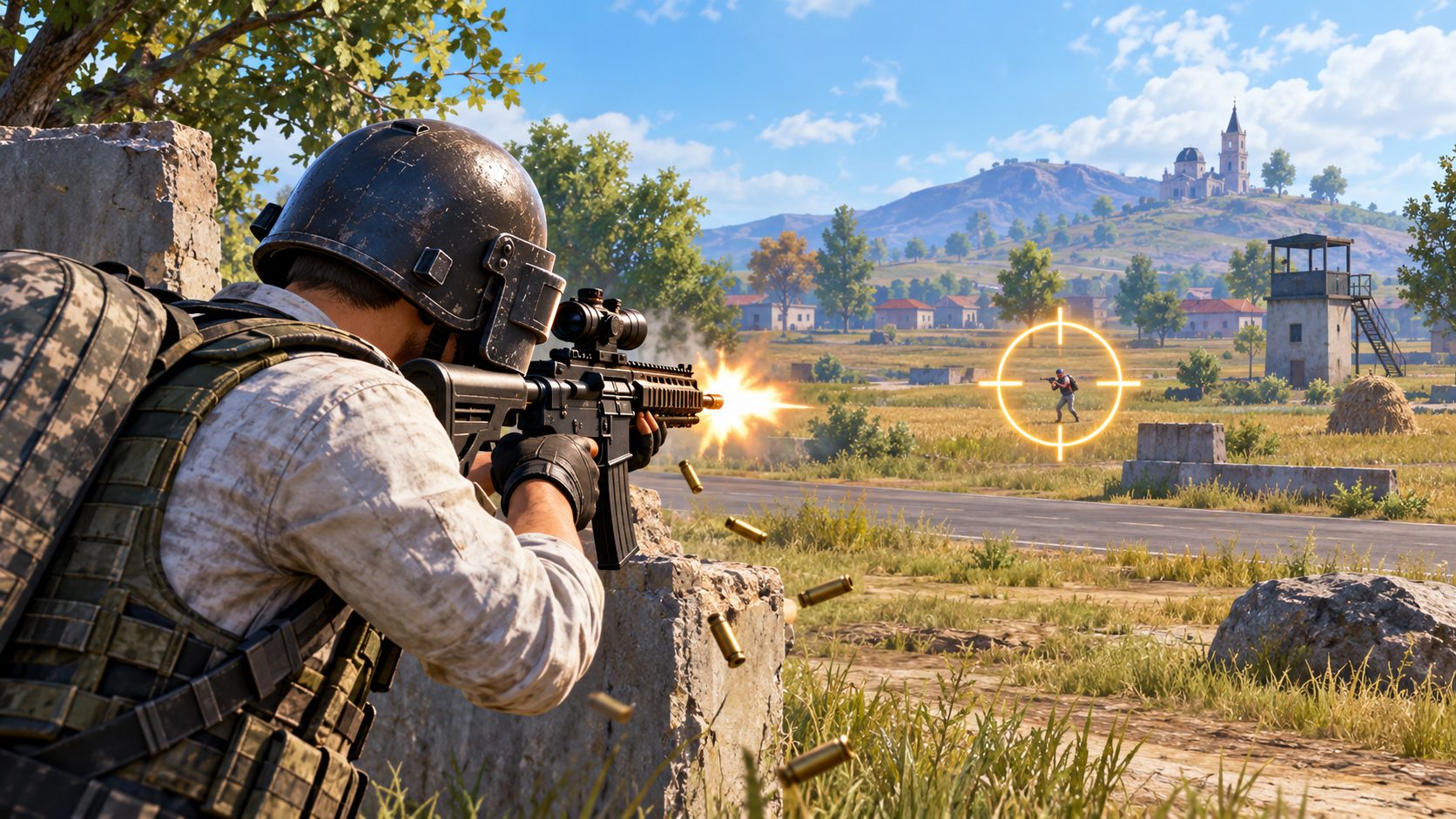 Soldado de PUBG Mobile apuntando con una M416 y mira 4x mientras la retícula se mantiene fija sobre el enemigo