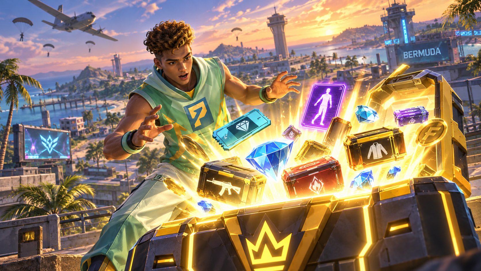 Superviviente de Free Fire ante un cofre de recompensas brillante en el mapa Bermuda