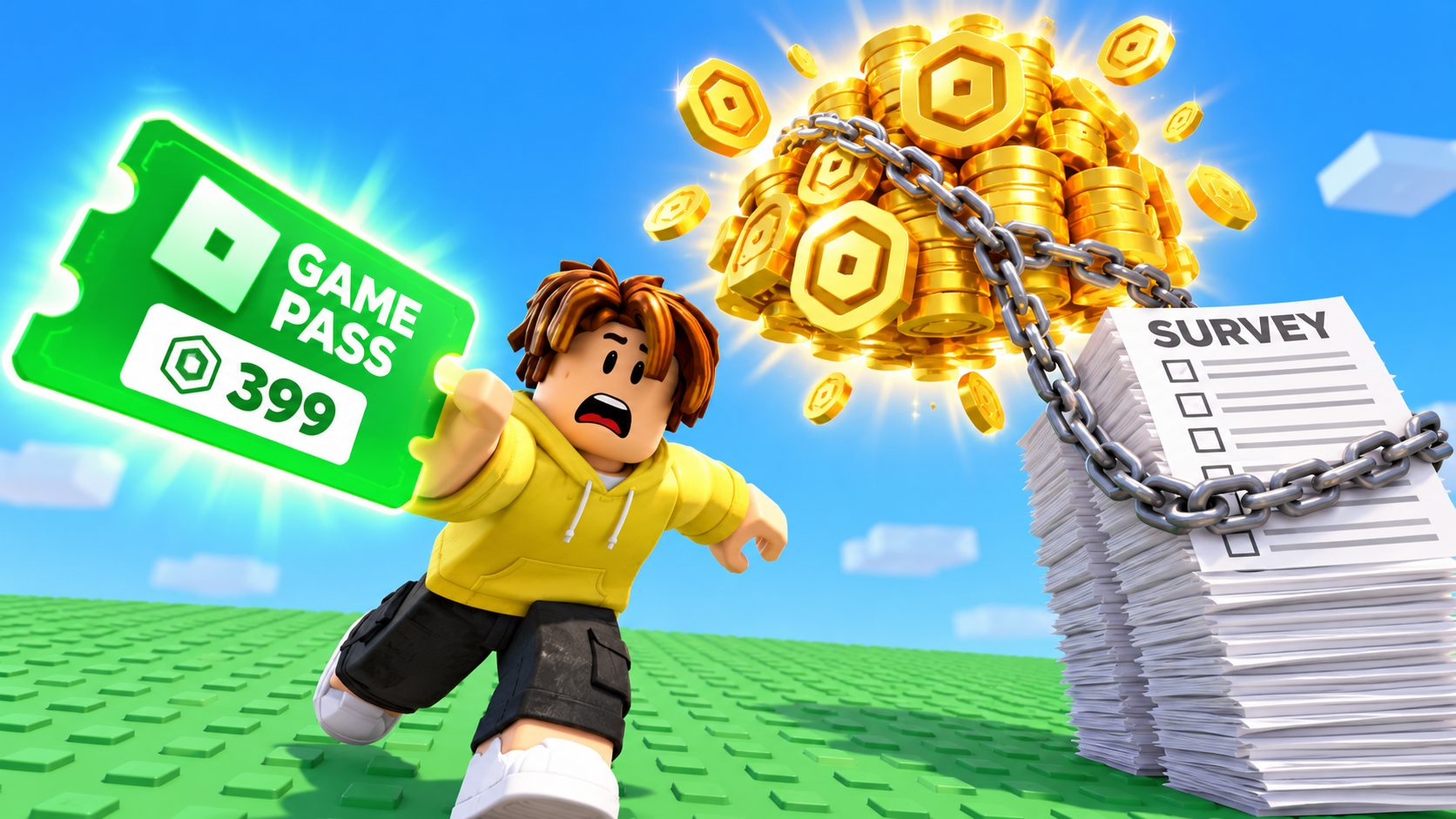 Avatar de Roblox sorprendido con un Game Pass gigante y un montón de Robux encadenado a unas encuestas
