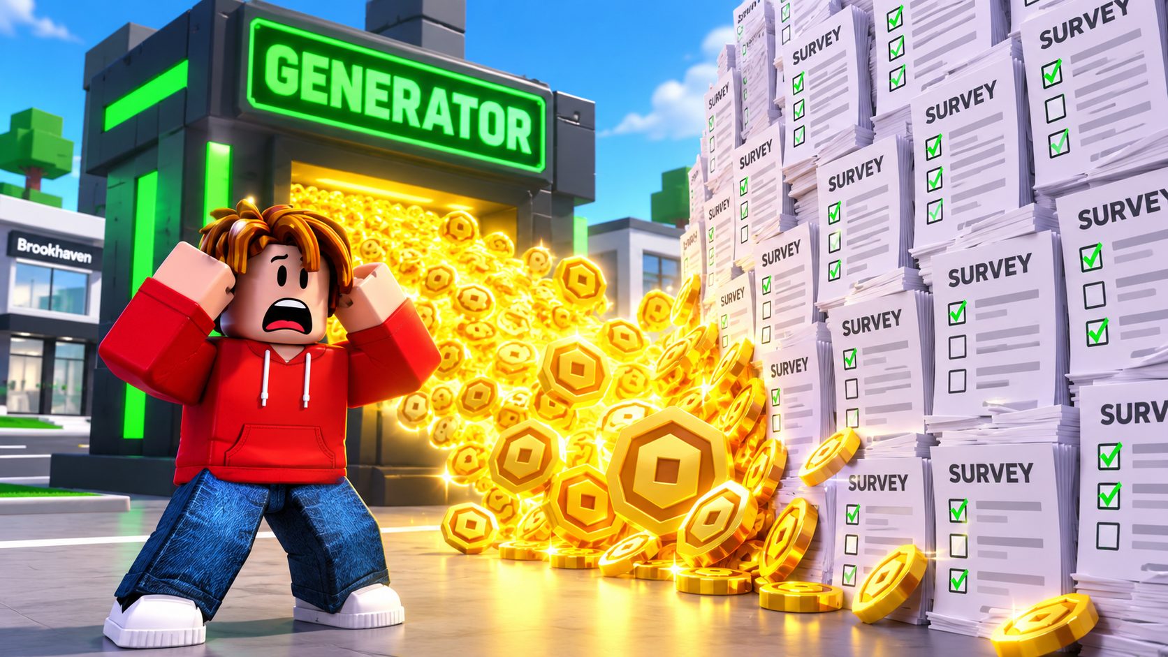 Avatar de Roblox ante una máquina de Robux bloqueada por un muro de encuestas