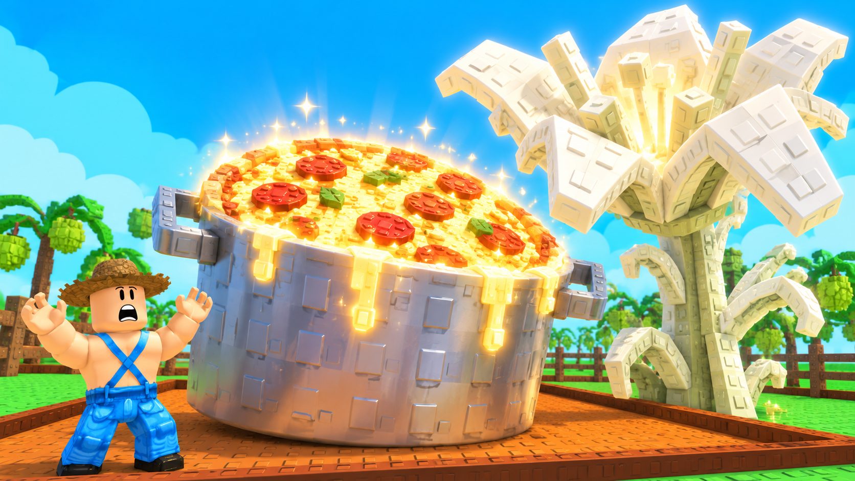 Jugador de Grow a Garden junto a la olla del Cooking Kit y una Bone Blossom gigante