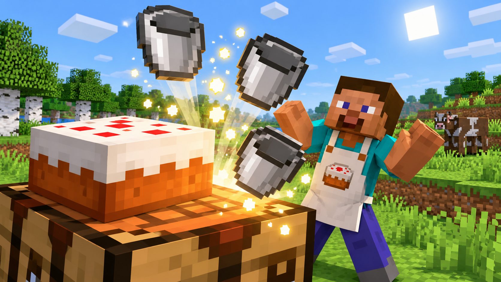 Personaje de Minecraft ante una mesa de crafteo de la que salen tres cubos vacíos junto a una tarta