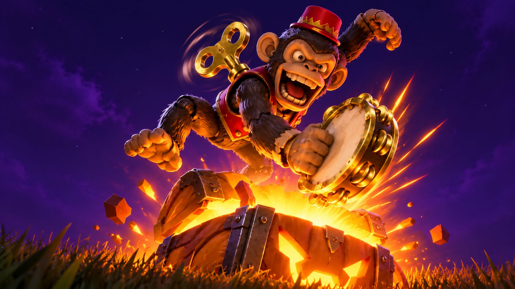 Traje Mono maldito de Fortnite, un chimpancé de cuerda con pandereta, saltando sobre un cofre calabaza