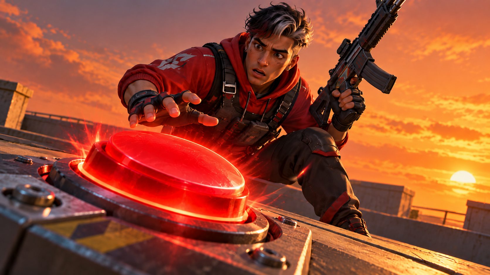 Un superviviente de Free Fire mira alarmado un enorme botón rojo de disparo que se pulsa solo en una azotea de Bermuda