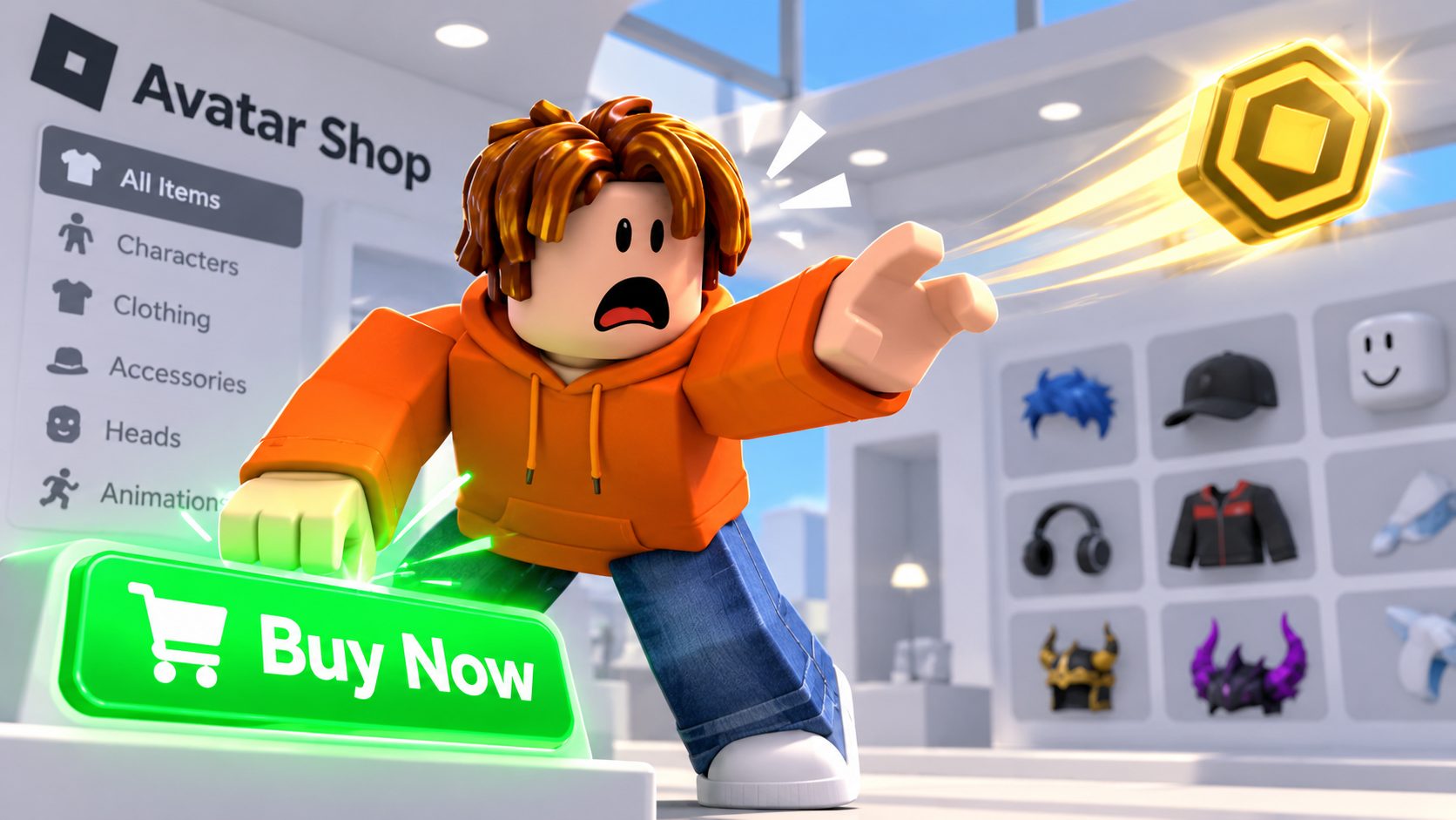 Avatar de Roblox pulsando el botón de comprar mientras una moneda de Robux se le escapa