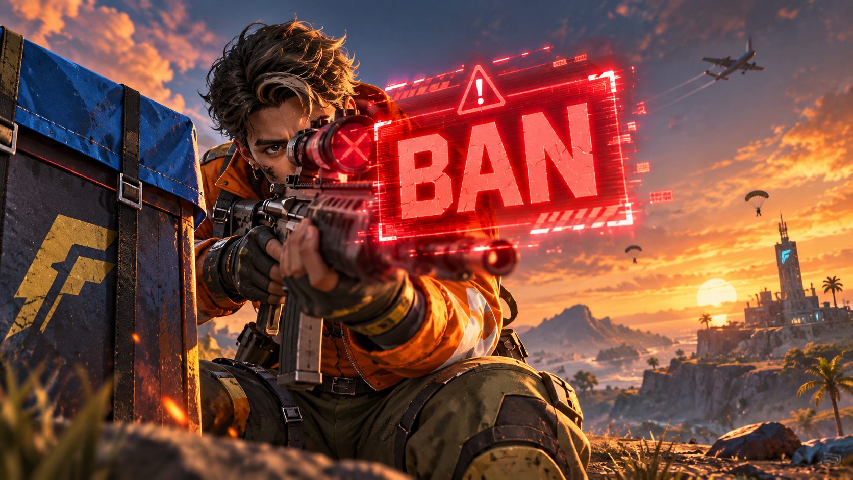 Un personaje de Free Fire apunta con su rifle mientras un aviso rojo de ban tapa la mira