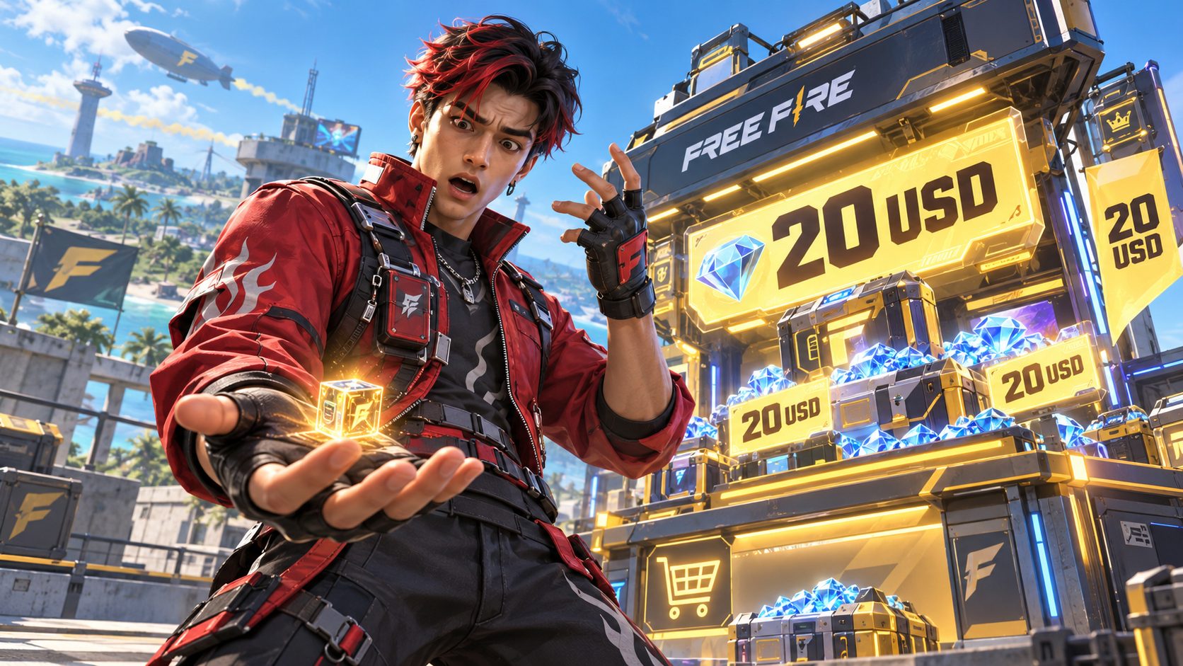 Superviviente de Free Fire mira un cubo de datos diminuto frente a un cartel de tienda con precio de 20 USD