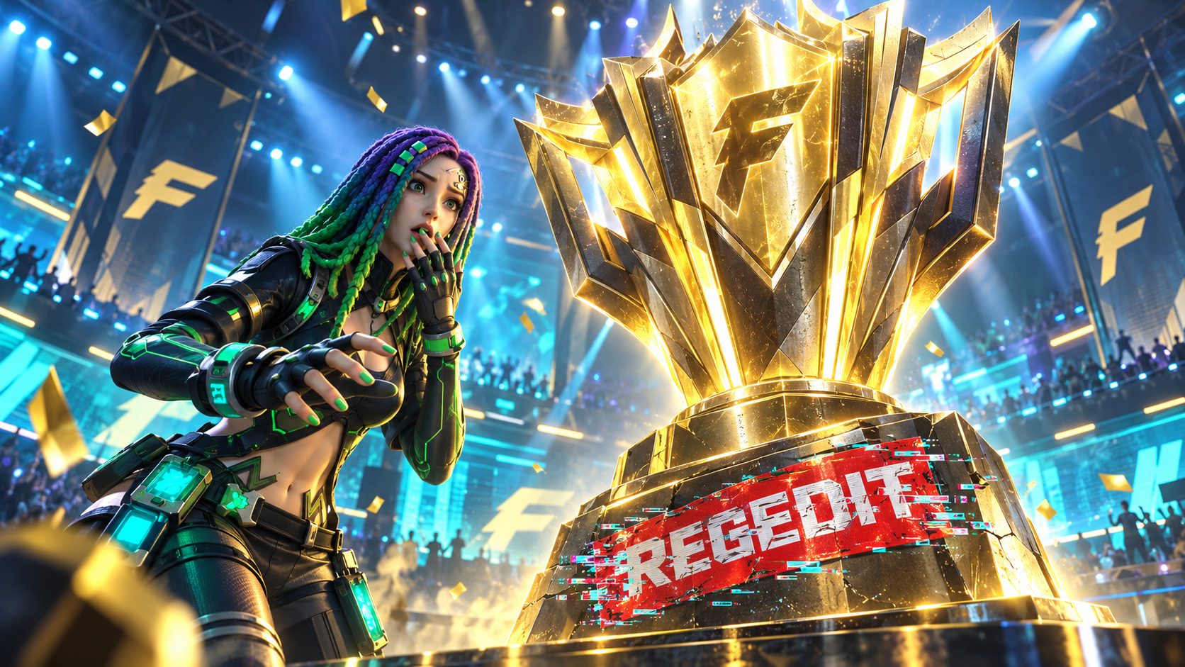 Trofeo de campeón de Free Fire con una pegatina falsa de regedit