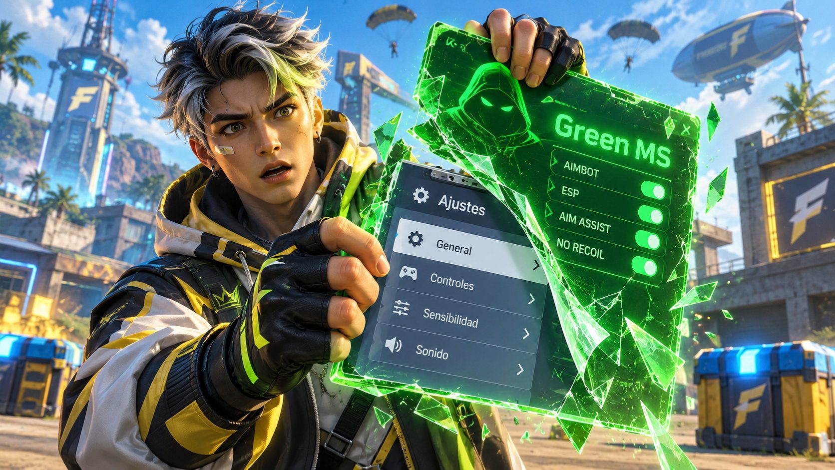 Superviviente de Free Fire con un panel verde holográfico que se despega como una máscara
