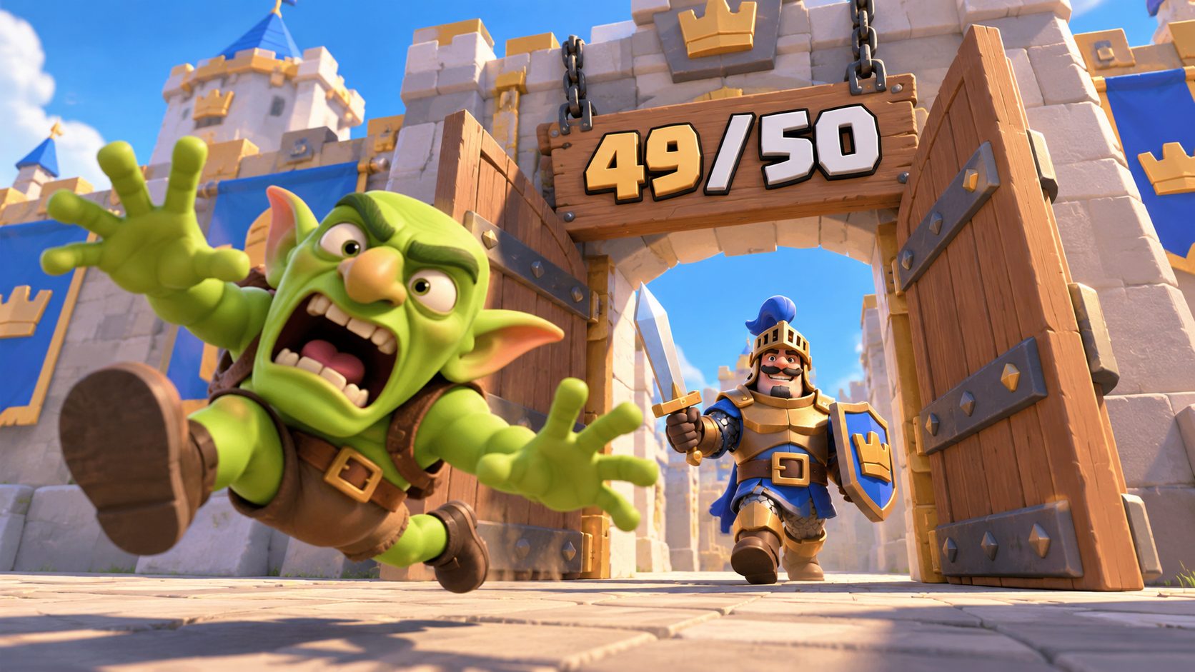 Un duende de Clash Royale sale despedido por la puerta del clan mientras entra un caballero bajo un cartel de 49/50