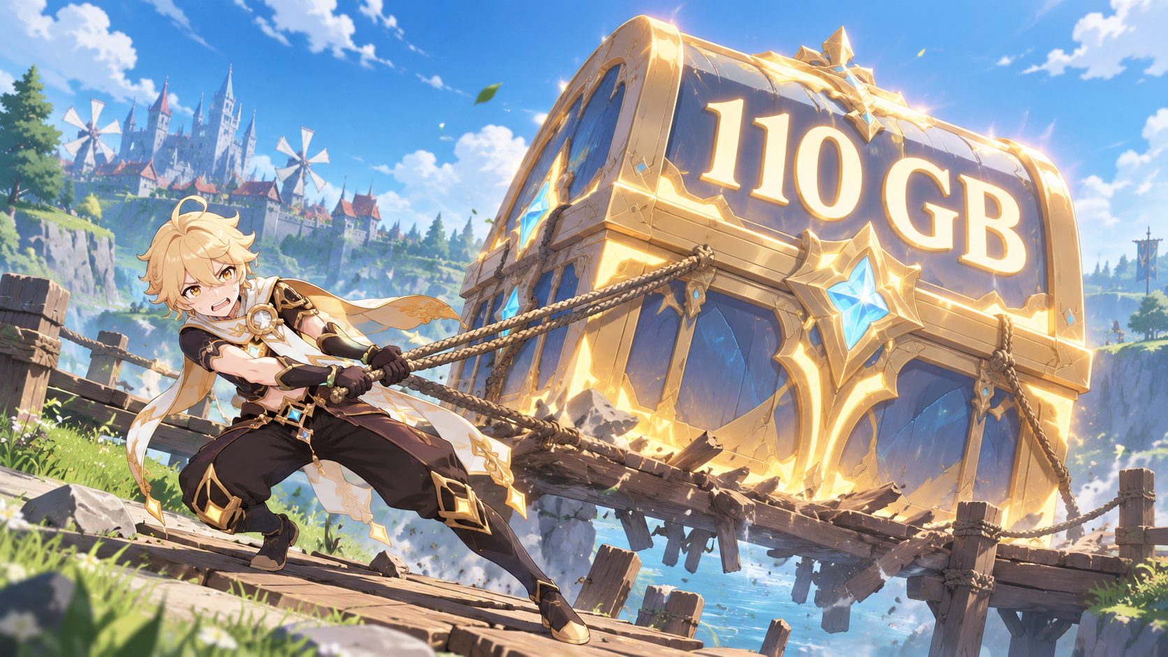 El Viajero de Genshin Impact arrastra un cofre gigante con la cifra 110 GB