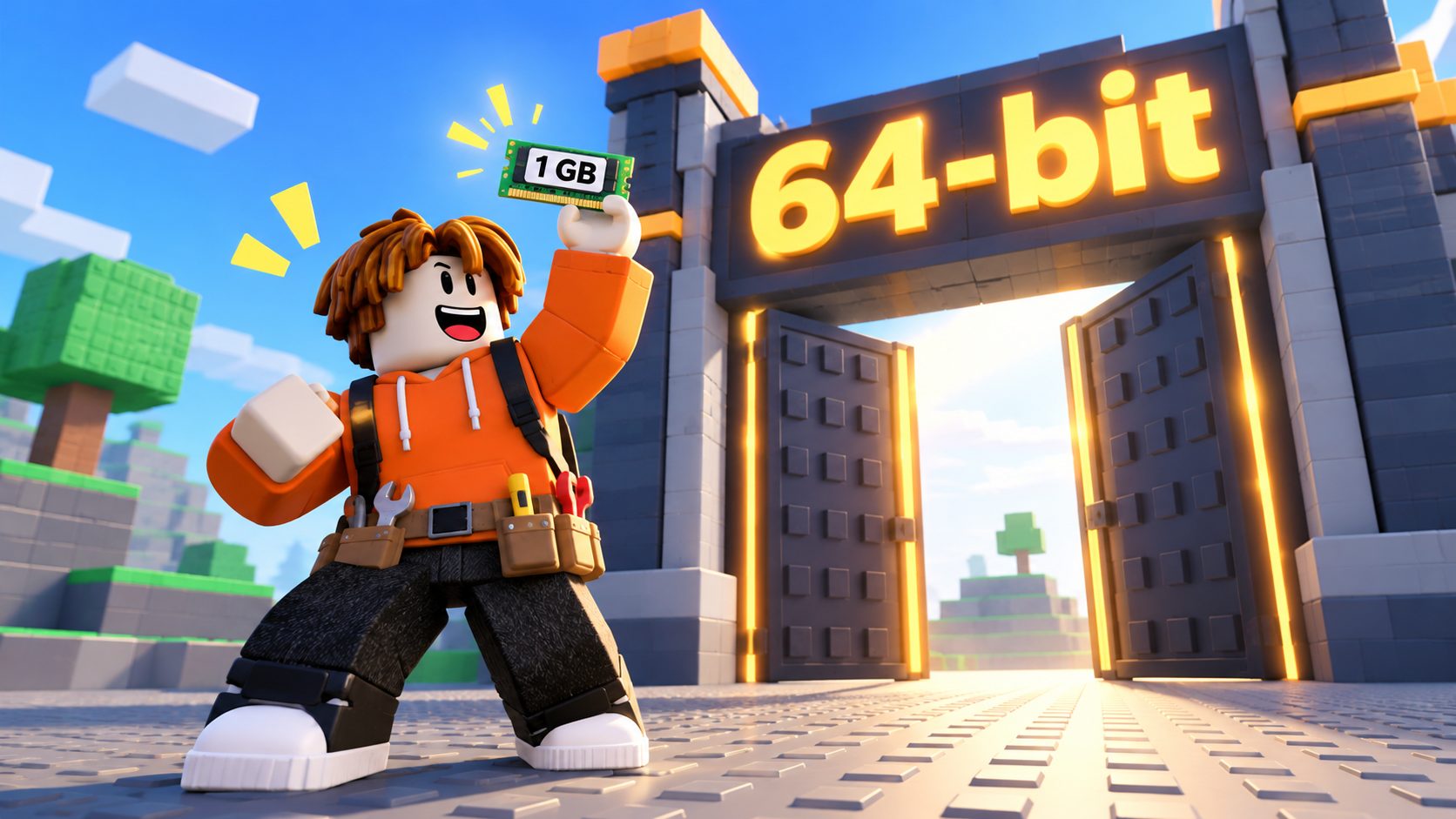 Avatar de Roblox levantando un módulo de memoria de 1 GB delante de una puerta con el letrero 64-bit