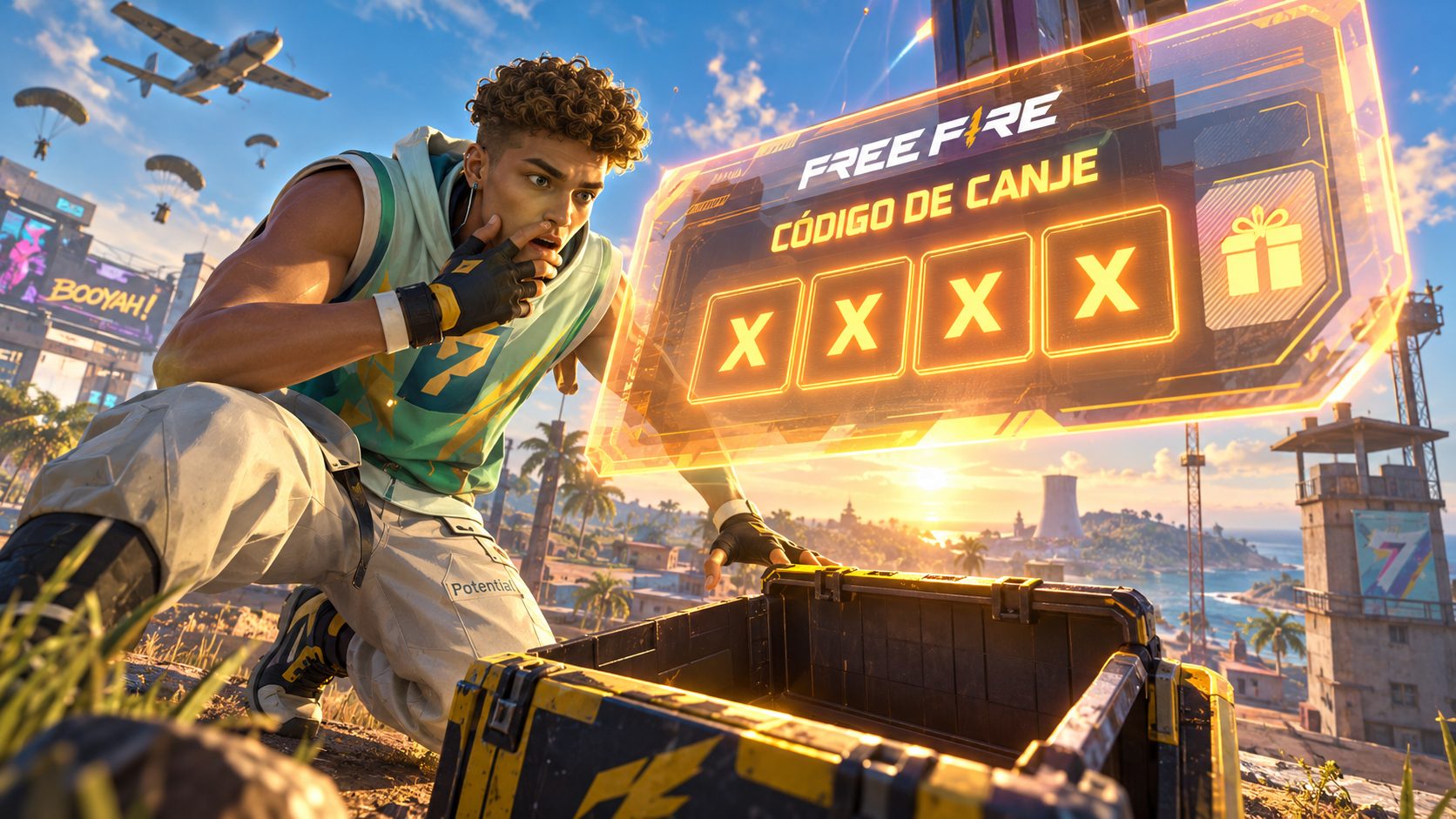 Jugador de Free Fire mirando un panel de código que solo muestra XXXX junto a una caja vacía