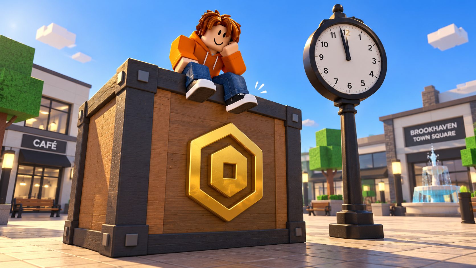 Avatar de Roblox esperando sentado sobre una caja sellada con el símbolo de Robux junto a un gran reloj