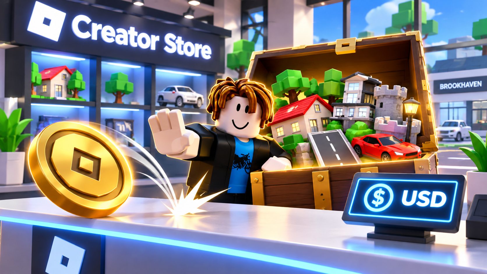Avatar de Roblox junto a un cofre lleno de modelos del Creator Store y una moneda de Robux rechazada