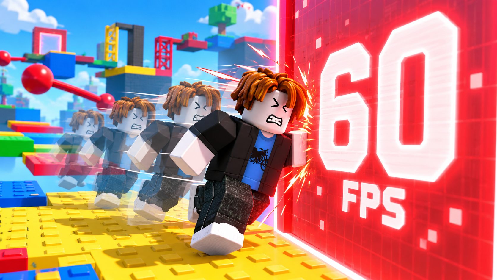 Avatar de Roblox chocando contra un muro con el número 60 en un obby