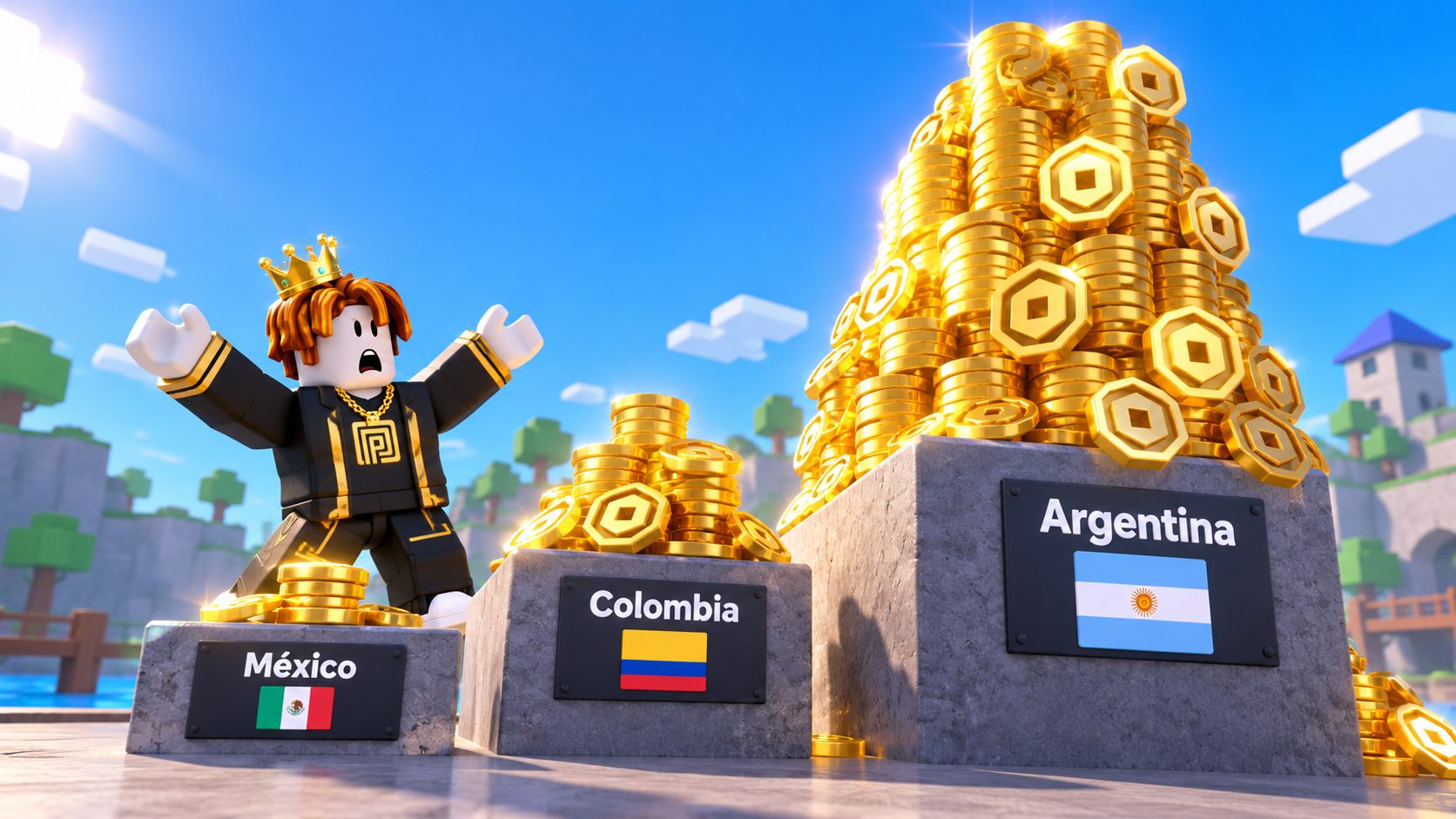 Avatar de Roblox ante tres montones de Robux que crecen de tamaño, como los tres planes de Roblox Premium